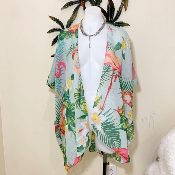 Other - Flamingo & green palms beach cover up kimono